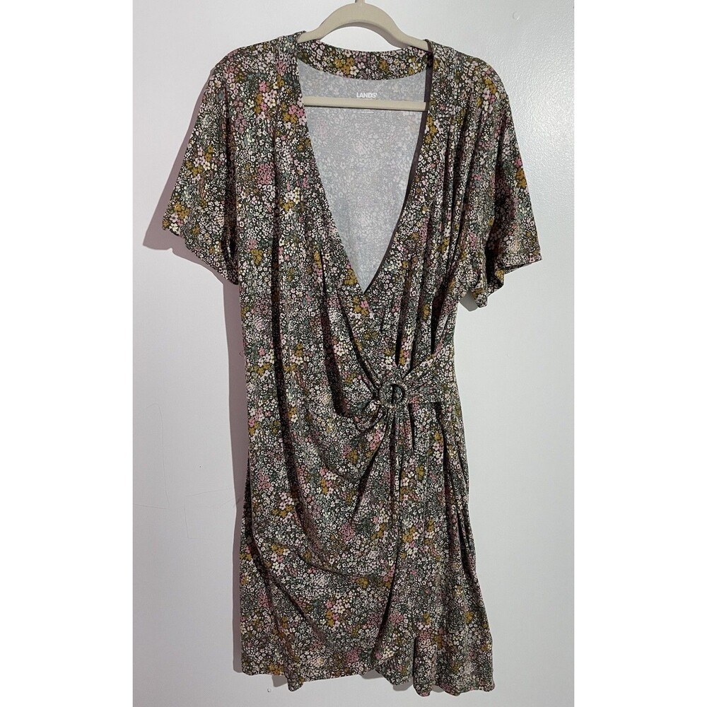 Lands End Dress 1X Midi Floral Faux Wrap Modal Beachy Vacation Feminine